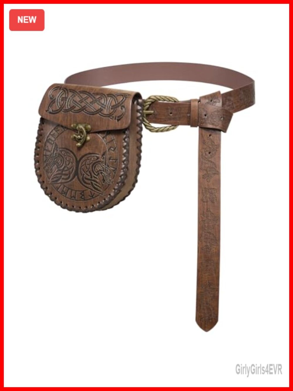 Medieval Faux Leather Embossed Belt with Pouch Ren Faire Cosplay Accessory